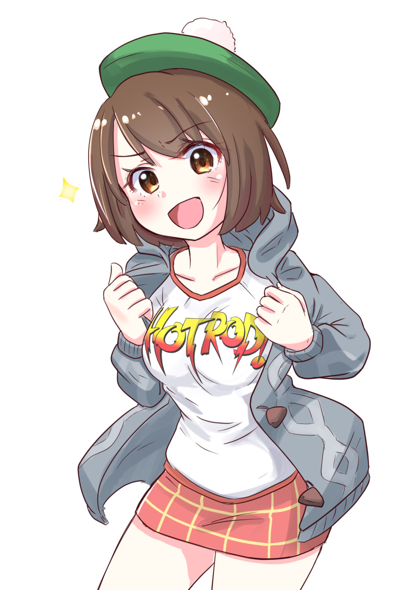 alternate_costume, bobblehat, brown_hair, creatures_(company), female_protagonist_(pokemon_swsh), game_freak, grey_hoodie, highres, jacket, logo, nintendo, open_clothes, open_jacket, open_mouth, pae_(ac40935_m41), parody, plaid, plaid_skirt, pokemon, pokemon_(game), pokemon_swsh, pose, rowdy_roddy_piper, shirt, short_hair, skirt, smile, t-shirt, white_shirt, wrestling, wwe