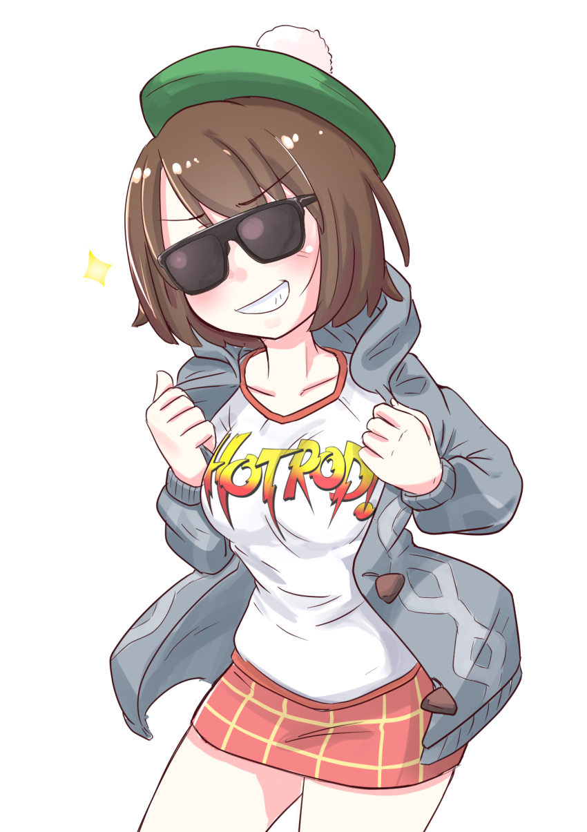 alternate_costume, bobblehat, brown_hair, creatures_(company), female_protagonist_(pokemon_swsh), game_freak, grey_hoodie, grin