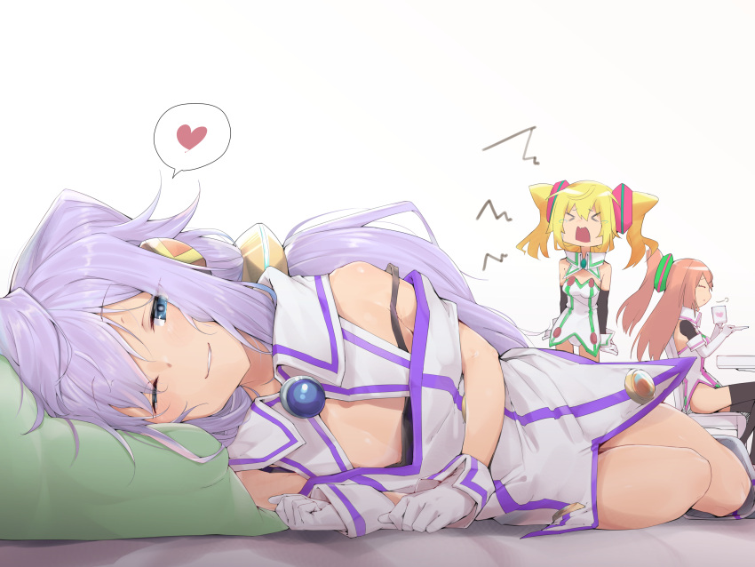 >_<, 1boy, 2girls, blonde_hair, blue_eyes, commentary, elbow_gloves, gloves, hacka_doll, hacka_doll_1, hacka_doll_2, hacka_doll_3, highres, long_hair, lying, multiple_girls, on_side, one_eye_closed, pillow, pink_hair, ponytail, purple_hair, sitting, smirk, thigh-highs, trap, twintails, uno_ryoku
