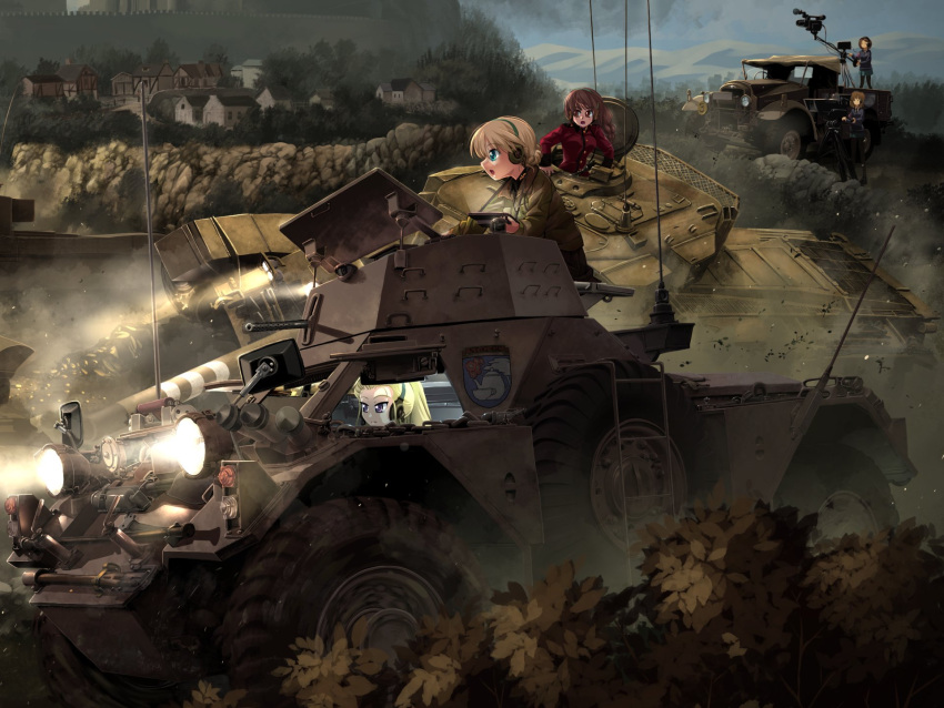 5girls, arm_support, assam, black_legwear, blonde_hair, blue_skirt, blue_swimsuit, blurry