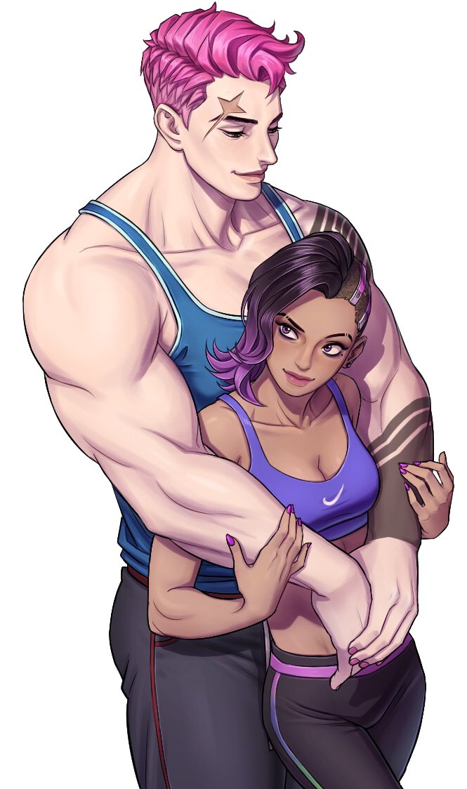 2girls, biceps, blush, couple, dark_skin, highlights, hug, hug_from_behind, ingkin, multicolored_hair, multiple_girls, muscle, muscular_female, overwatch, pants, pink_hair, purple_hair, scar, shaved_eyebrow, short_hair, shoulders, sleeveless, smile, sombra_(overwatch), sweatpants, tank_top, tattoo, zarya_(overwatch)
