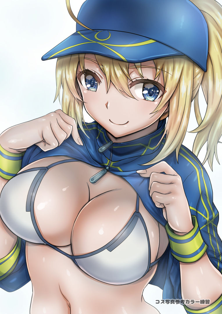 1girl, ahoge, arinotowatari, artoria_pendragon_(all), baseball_cap, blonde_hair, blue_eyes, blue_headwear
