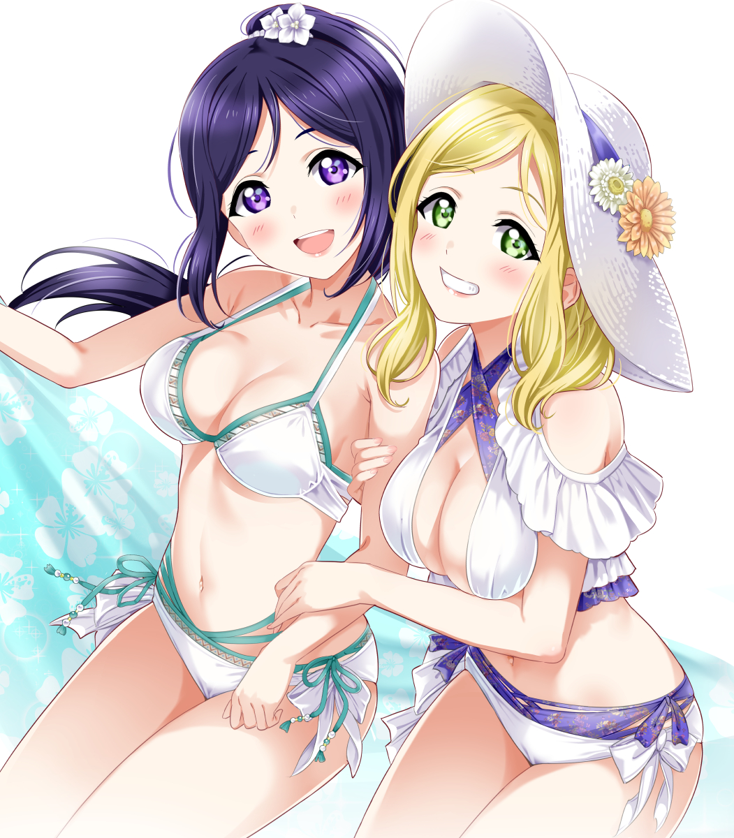 2girls, bangs, bare_arms, bare_legs, bikini, blonde_hair, blue_hair, blue_towel