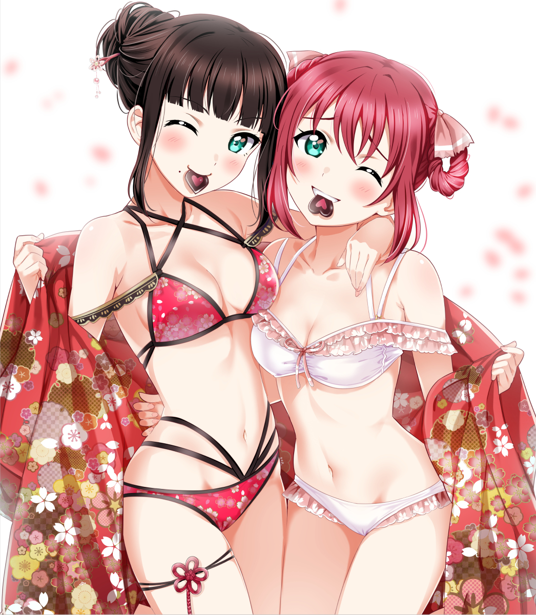 2girls, arm_over_shoulder, bangs, bikini, black_hair, blush, bow, breasts