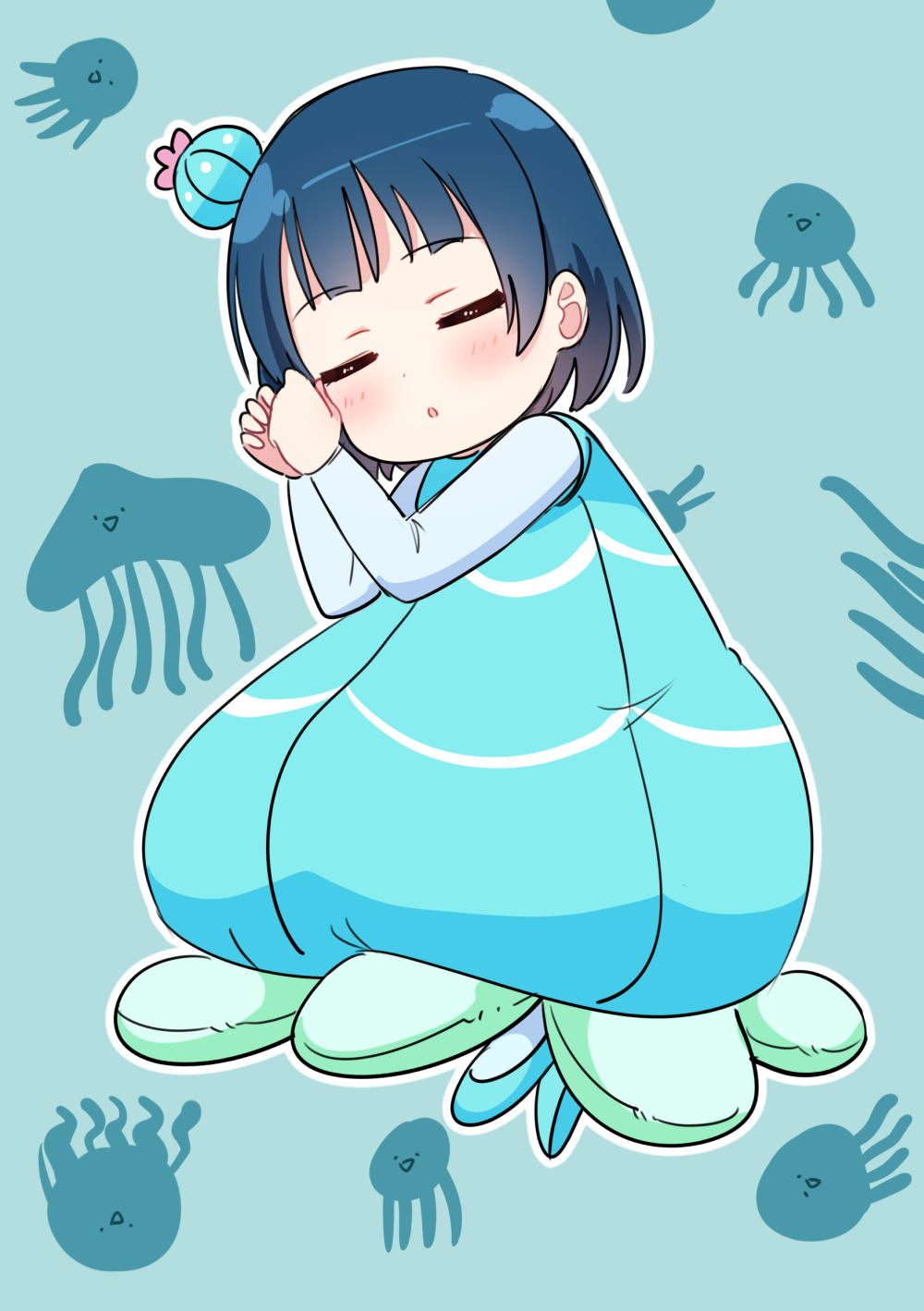 1girl, :d, :o, aqua_background, bangs, blue_dress, blue_footwear, blue_hair