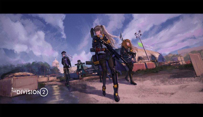 404_(girls_frontline), 4girls, acog, aircraft, airplane, artist_request, assault_rifle, beret, boots, clouds, cloudy_sky, commentary_request, copyright_name, crash_landing, crossover, g11_(girls_frontline), gameplay_mechanics, girls_frontline, gun, h&amp;k_g11, h&amp;k_hk416, h&amp;k_ump, hat, health_bar, highres, hk416_(girls_frontline), hood, hooded_jacket, jacket, lamppost, mechanical_arm, mod3_(girls_frontline), multiple_girls, pantyhose, rifle, ruins, sandbag, sky, submachine_gun, suppressor, thigh-highs, tom_clancy's_the_division_2, ump45_(girls_frontline), ump9_(girls_frontline), washington_d.c., weapon