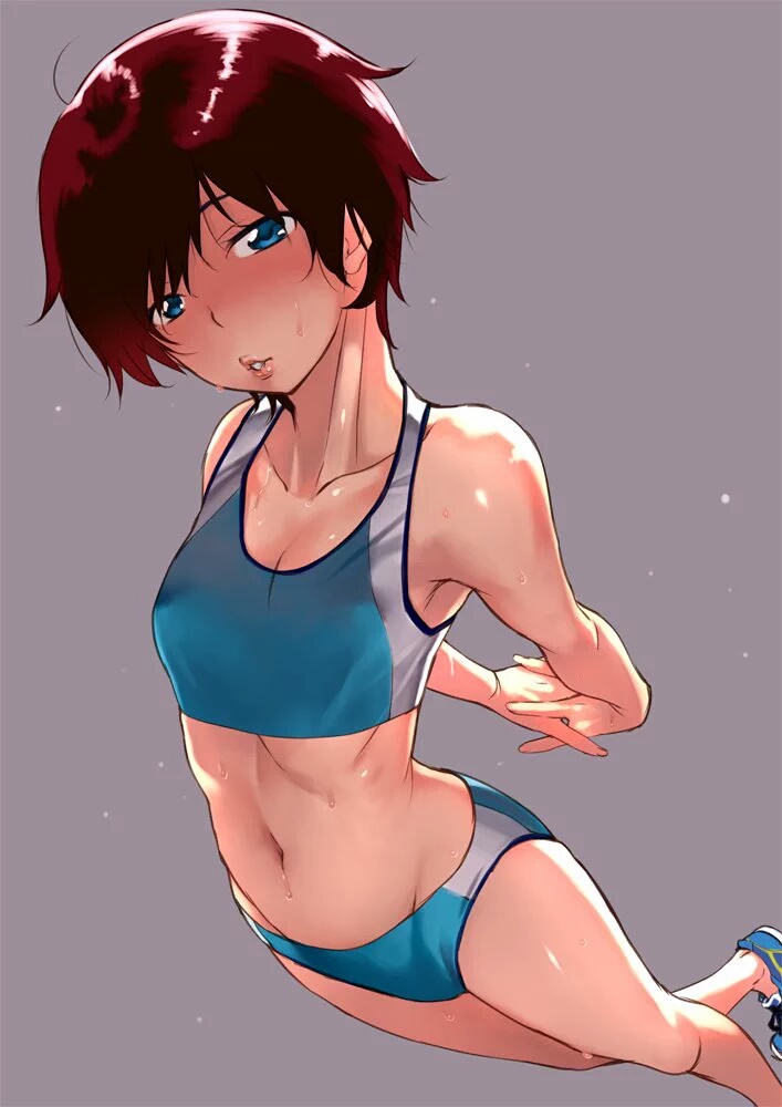 1girl, blue_eyes, brown_hair, flat_chest, grey_background, navel, short_hair, solo