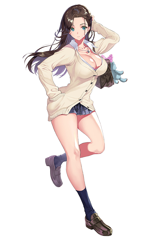 1girl, ass, bag, bangs, beige_cardigan, blue_eyes, blue_legwear, breasts