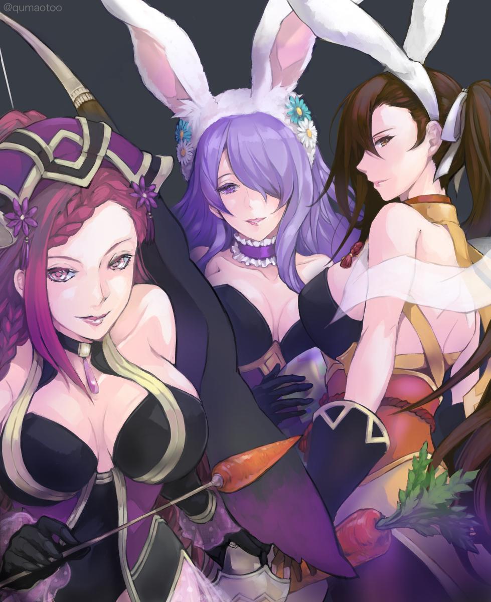 animal_ears, ass, bare_shoulders, braid, breasts, brown_eyes, brown_hair, bunnysuit
