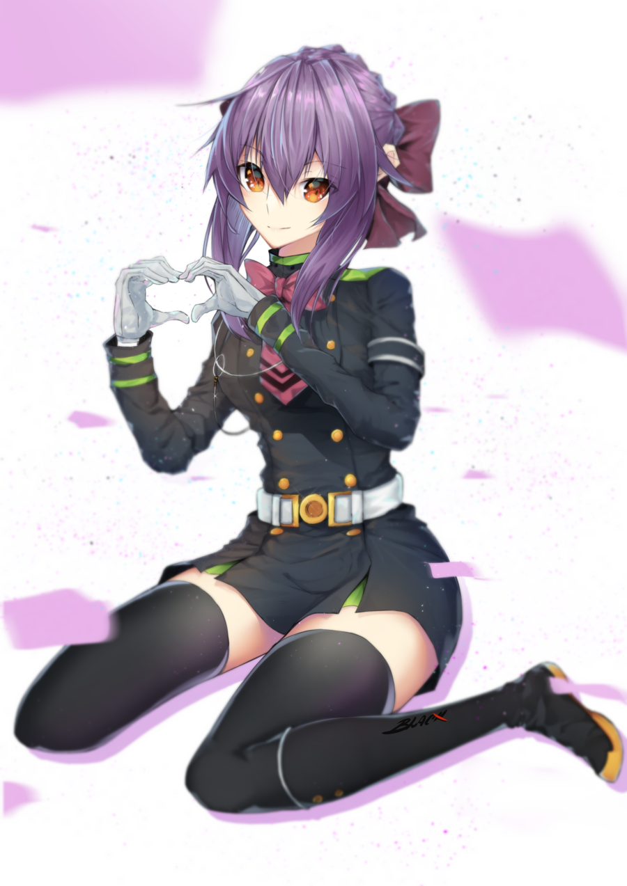 1girl, armband, belt, black_(blackfallsensei), black_footwear, black_jacket, black_legwear, black_skirt, boots, bow, full_body, gloves, grey_gloves, hair_between_eyes, hair_bow, head_tilt, heart, heart_hands, highres, hiiragi_shinoa, jacket, knee_boots, lavalliere, long_sleeves, looking_at_viewer, military_jacket, miniskirt, orange_eyes, owari_no_seraph, purple_bow, purple_hair, red_neckwear, short_hair_with_long_locks, sidelocks, sitting, skirt, smile, solo, thigh-highs, wariza, white_background, zettai_ryouiki