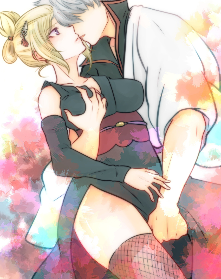 1boy, 1girl, absurdres, black_kimono, black_sleeves, blonde_hair, breast_grab, breasts