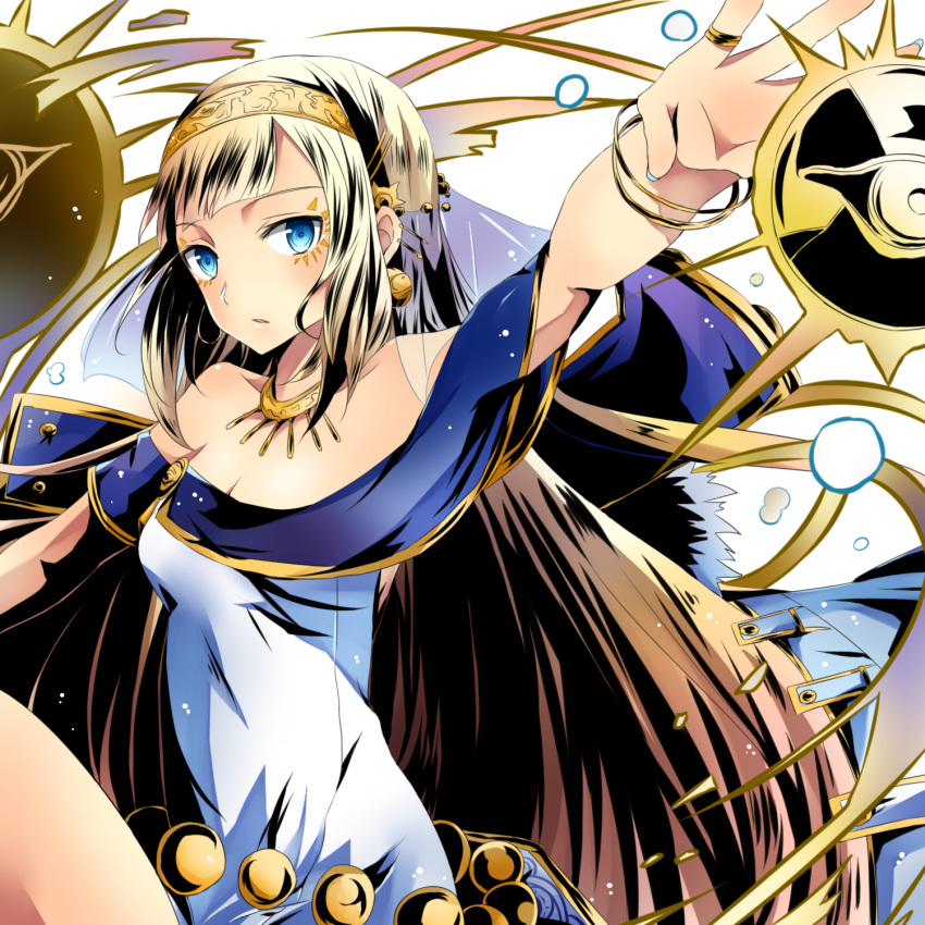 1girl, blonde_hair, blue_eyes, blue_nails, bracelet, breasts, cleavage, divine_gate