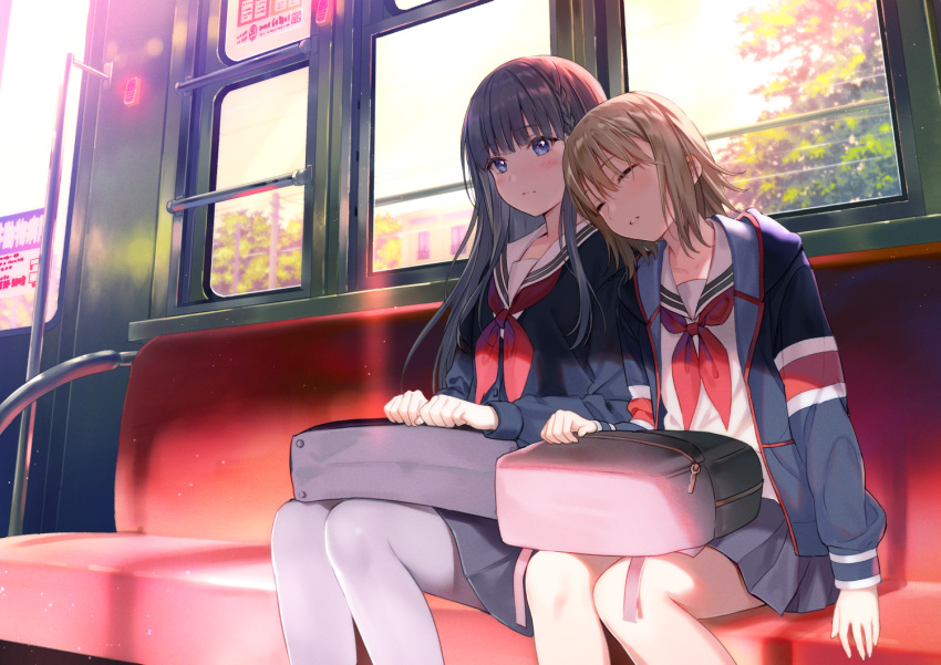 2girls, bag, bangs, black_hair, blue_eyes, blue_jacket, blue_skirt, blurry, blurry_background, blush, brown_hair, closed_eyes, commentary_request, depth_of_field, eyebrows_visible_through_hair, fukahire_(ruinon), grey_legwear, hair_between_eyes, jacket, leaning_on_person, long_hair, long_sleeves, multiple_girls, neckerchief, open_clothes, open_jacket, original, pantyhose, parted_lips, pleated_skirt, red_neckwear, sailor_collar, school_bag, school_uniform, serafuku, shirt, sitting, skirt, sleeping, sleeping_on_person, sunset, train_interior, tree, very_long_hair, white_sailor_collar, white_shirt, window, yuri