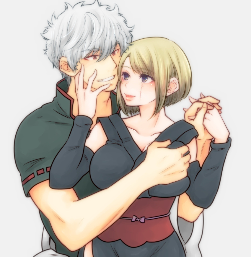 1boy, 1girl, :d, absurdres, black_kimono, black_shirt, black_sleeves, blonde_hair