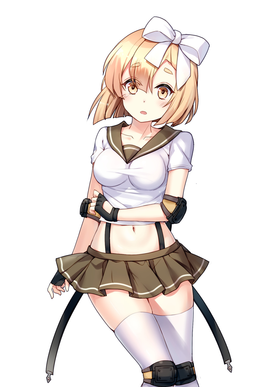 1girl, black_gloves, blonde_hair, blush, bow, breasts, brown_skirt, collarbone