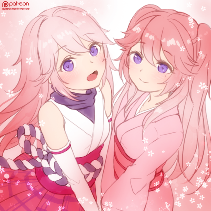 2girls, animal_ears, artist_name, blush, fox_ears, hair_between_eyes, hair_flaps, honkai_(series)