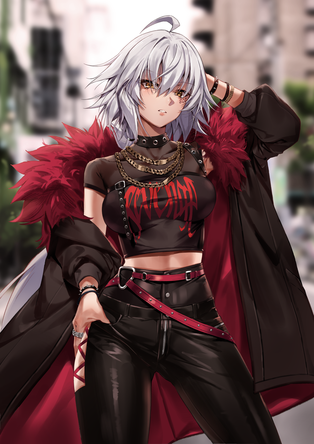 1girl, ahoge, alternate_costume, arm_up, armpits, bangs, belt, black_coat