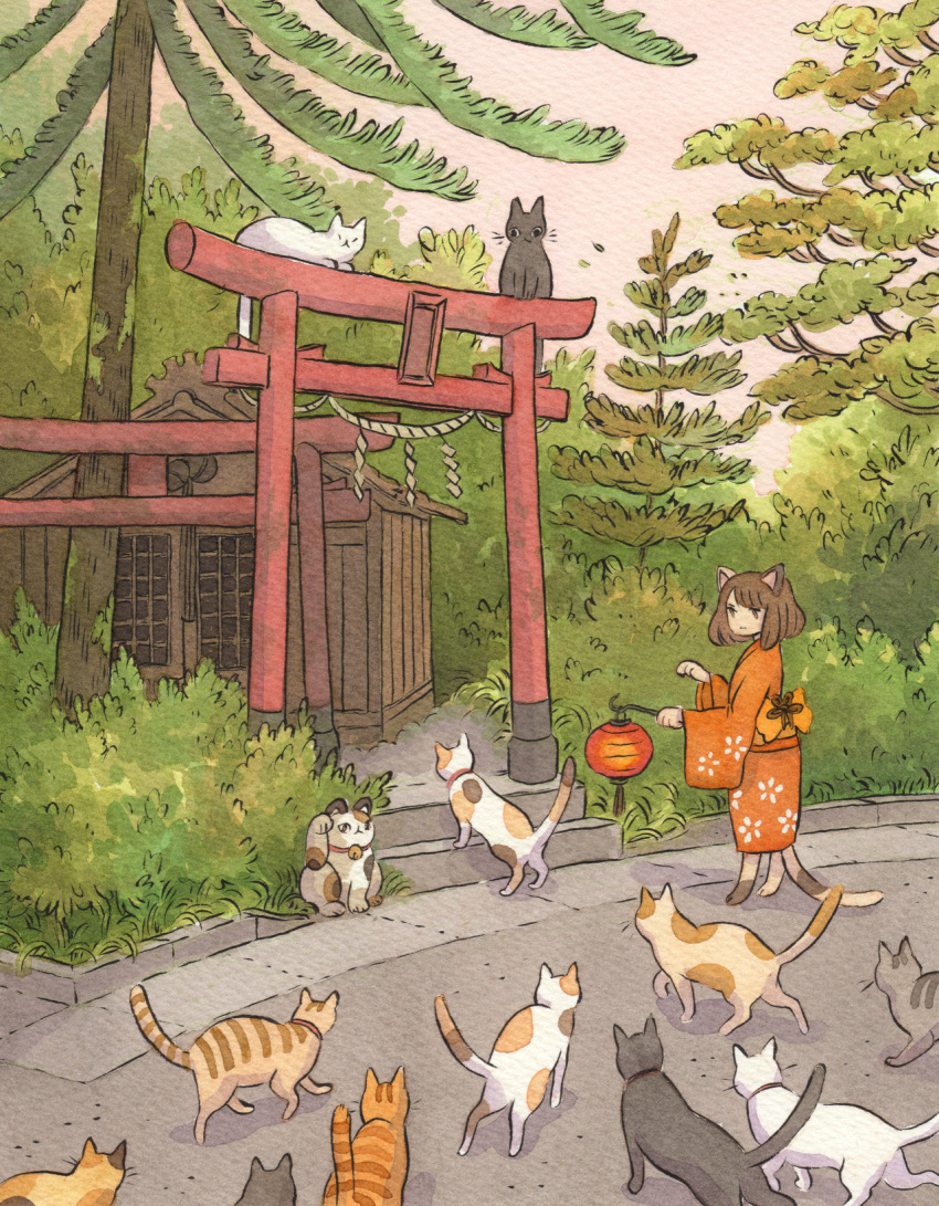 1girl, animal_ears, back_bow, bangs, black_cat, bow, brown_hair, building