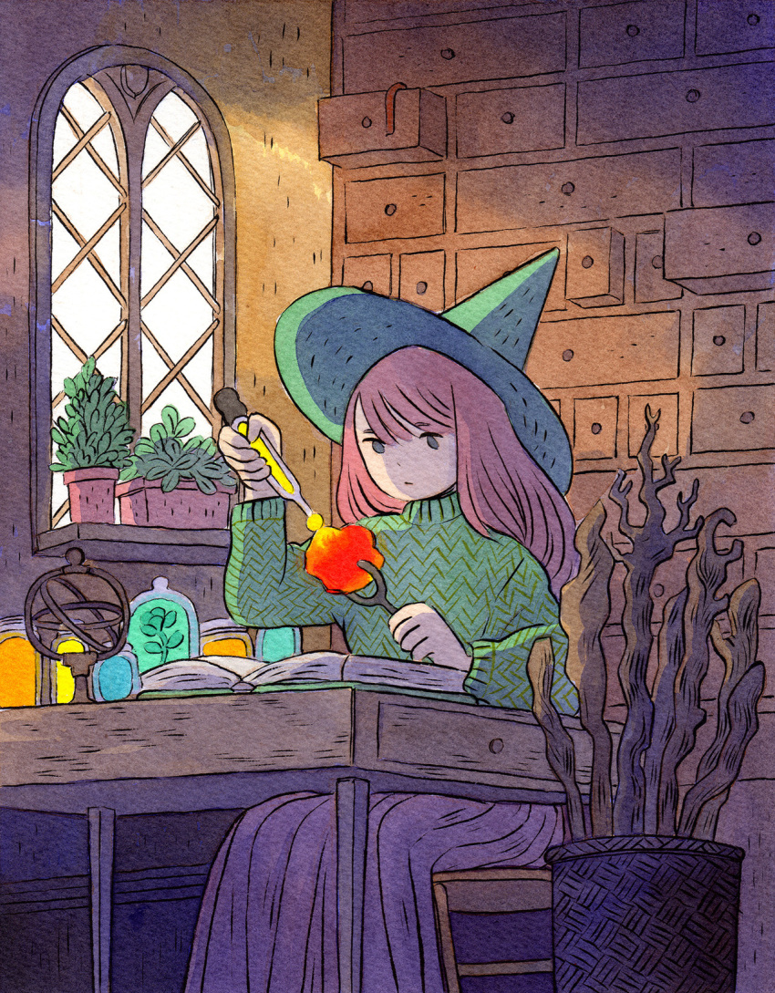 1girl, bangs, book, drawer, feet_out_of_frame, green_headwear, green_sweater, grey_eyes