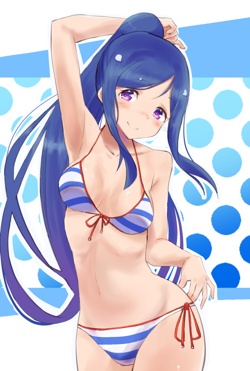1girl, arms_up, bikini, blue_hair, breasts, commentary_request, cowboy_shot, front-tie_top