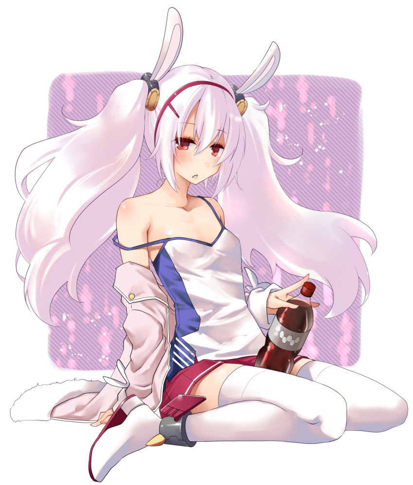 1girl, animal_ears, azur_lane, bangs, blush, bottle, camisole, cola, commentary_request, eyebrows_visible_through_hair, full_body, fur-trimmed_jacket, fur_trim, hair_between_eyes, hair_ornament, hairband, highres, jacket, laffey_(azur_lane), long_hair, long_sleeves, looking_at_viewer, off_shoulder, open_clothes, open_jacket, parted_lips, pink_jacket, pleated_skirt, rabbit_ears, red_eyes, red_hairband, red_skirt, shoes, sitting, skirt, sleeves_past_wrists, soda_bottle, solo, strap_slip, theta_(ponkotsu_works), thigh-highs, twintails, very_long_hair, wariza, white_camisole, white_footwear, white_hair, white_legwear
