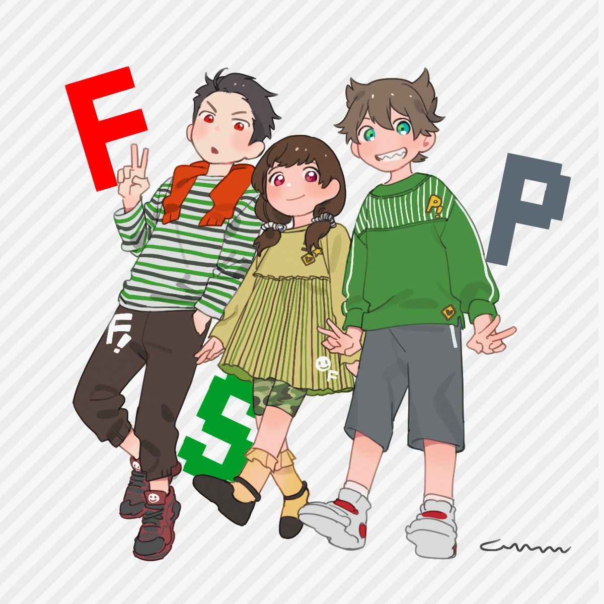 1girl, 2boys, akuno_hideo's_brother, amane_(idolmaster), black_hair, brown_hair, camouflage, camouflage_legwear