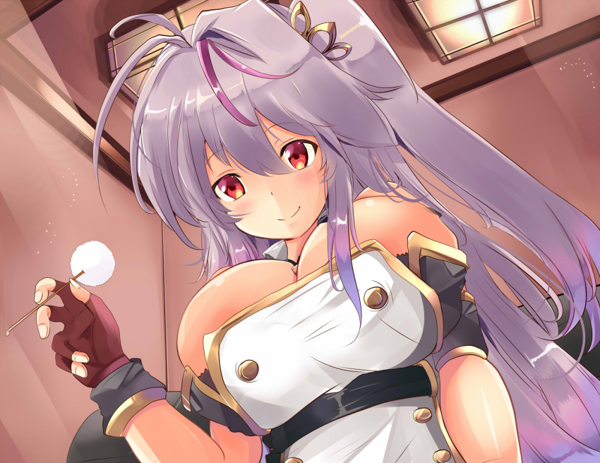 1girl, azur_lane, bangs, bare_shoulders, blush, breasts, cleavage, commentary_request, double-breasted, eyebrows_visible_through_hair, fingerless_gloves, gloves, grenville_(azur_lane), hair_between_eyes, indoors, large_breasts, long_hair, looking_at_viewer, mimikaki, multicolored_hair, one_side_up, pov, purple_hair, red_eyes, short_sleeves, smile, solo, streaked_hair, tonchinkan, very_long_hair