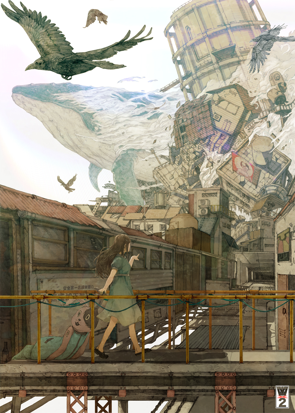 1girl, animal, bird, black_footwear, boiler, breaking, brown_hair, building