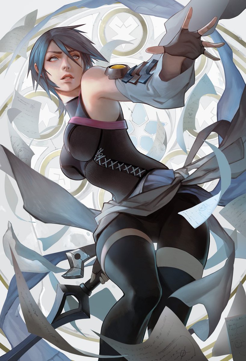 1girl, aqua_(kingdom_hearts), armpits, bangs, bare_shoulders, bike_shorts, black_legwear, blue_eyes