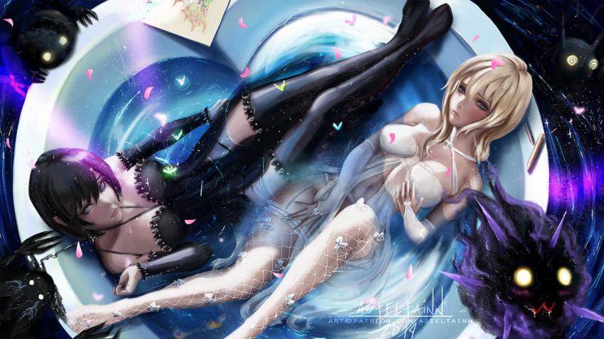 2girls, anastasia_(asteltainn), artist_name, babydoll, bangs, black_hair, black_legwear, blonde_hair, blue_eyes, blush, bow, commentary, frown, full_body, heartless, highres, kingdom_hearts, lingerie, long_hair, looking_at_viewer, multiple_girls, namine, nightgown, older, partially_submerged, pencil, petals, short_hair, signature, sketchbook, thigh-highs, underwear, underwear_only, watermark, white_legwear, xion_(kingdom_hearts), yellow_eyes