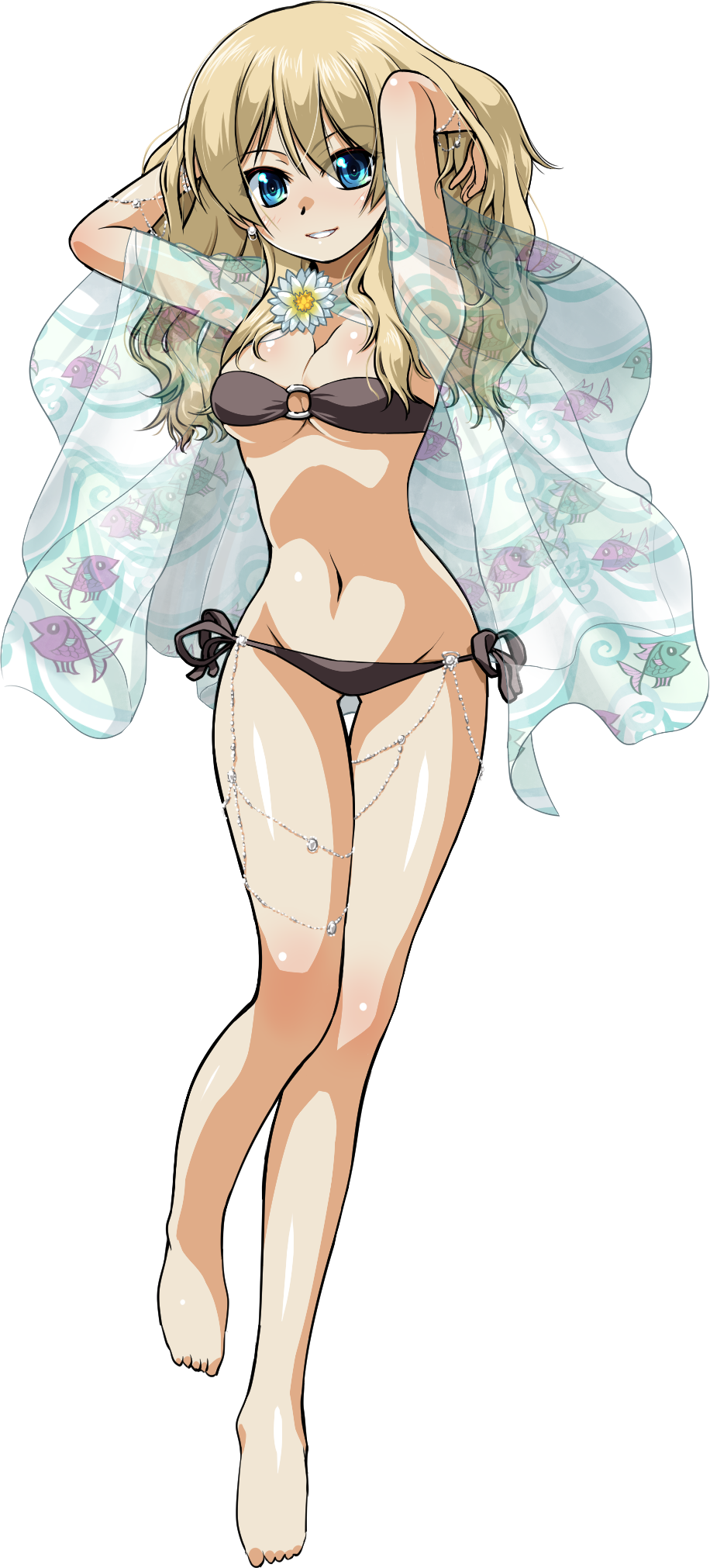 1girl, alternate_hairstyle, animal_print, arms_up, bangs, barefoot, bikini, black_bikini