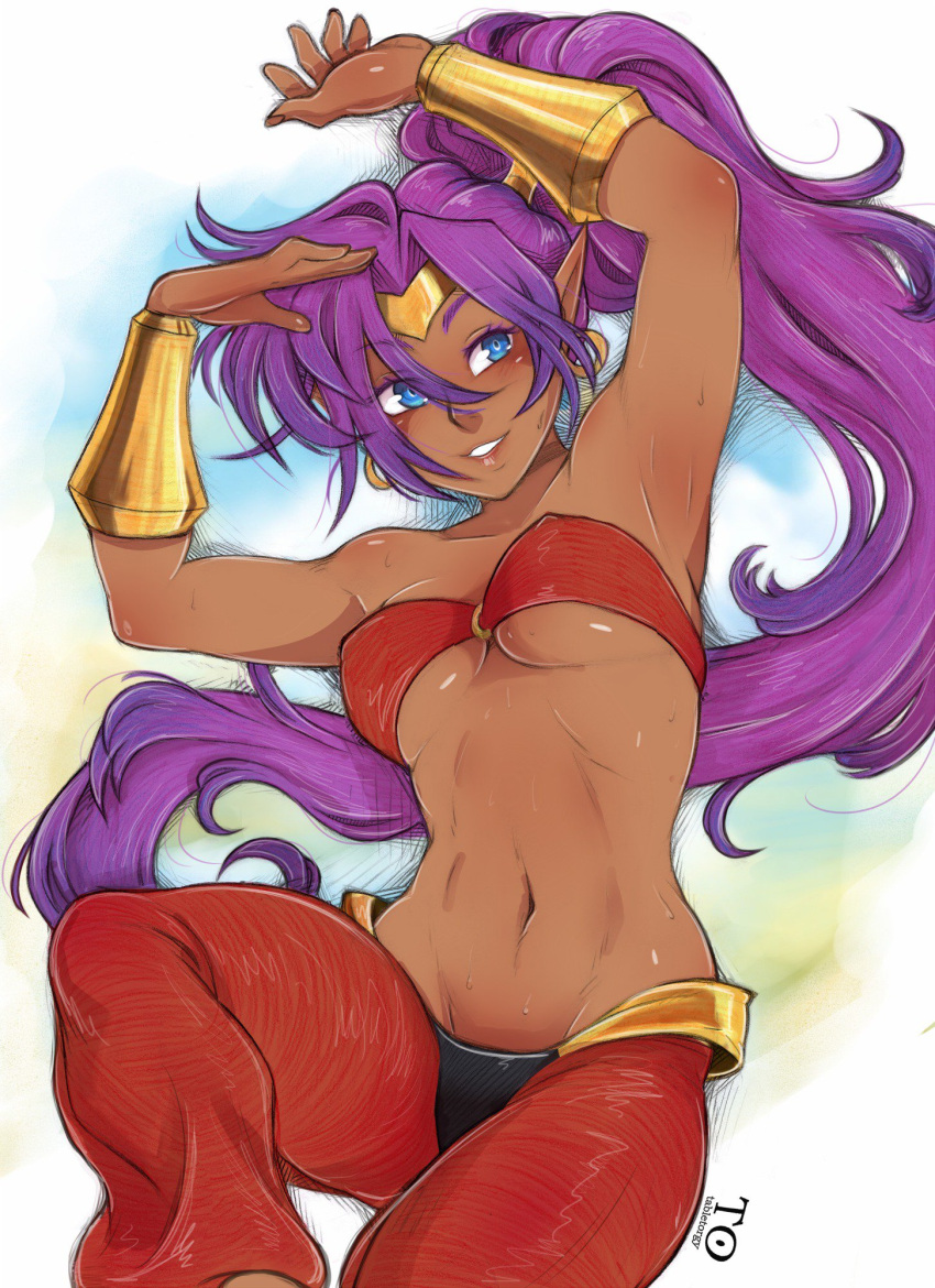 1girl, antiheld, armpits, arms_up, bare_shoulders, black_panties, blue_eyes, bracer