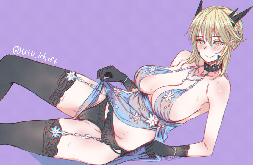1girl, artoria_pendragon_(all), artoria_pendragon_(lancer_alter), bare_shoulders, black_gloves, black_legwear, black_panties, blonde_hair
