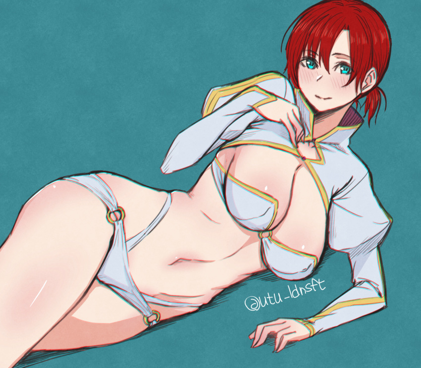 1girl, aqua_eyes, blue_background, boudica_(fate/grand_order), breasts, cleavage, fate/grand_order, fate_(series), highres, lying, navel, on_side, panties, ponytail, redhead, reveal, simple_background, smile, solo, underwear, utu_(ldnsft), white_panties