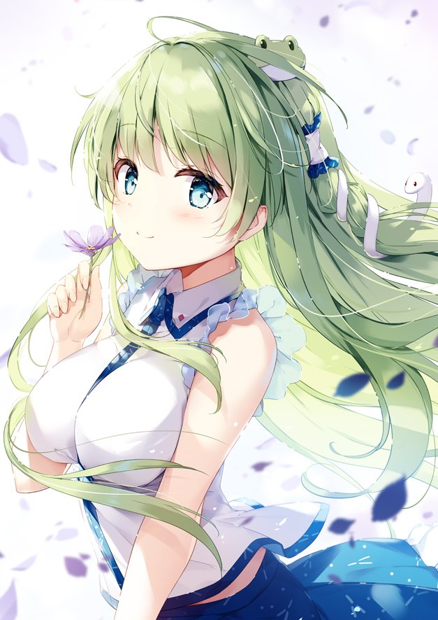 1girl, ahoge, blue_eyes, blue_skirt, blush, breast, bright_background, collar, ear, eyebrows_visible_through_hair, flower, flying_petals, frills, frog_hair_ornament, green_hair, hair_tube, holding_a_flower, kochiya_sanae, long_hair, looking_at_viewer, midriff, miko, miyase_mahiro, nontraditional_miko, petals, purple_flower, skirt, smile, snake_hair_ornament, vest, white_background, white_vest