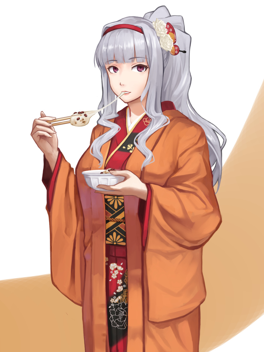 1girl, bowl, chopsticks, eating, eyebrows_visible_through_hair, floral_print, flower, hair_flower