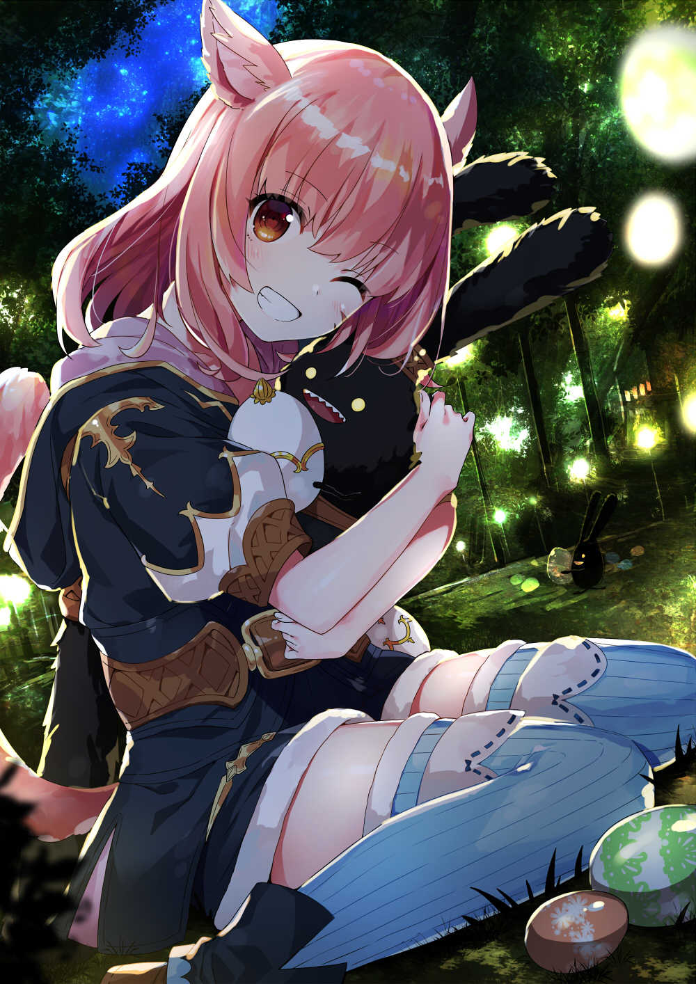 1girl, :d, animal_ears, black_hoodie, black_skirt, blue_legwear, breasts, brown_eyes