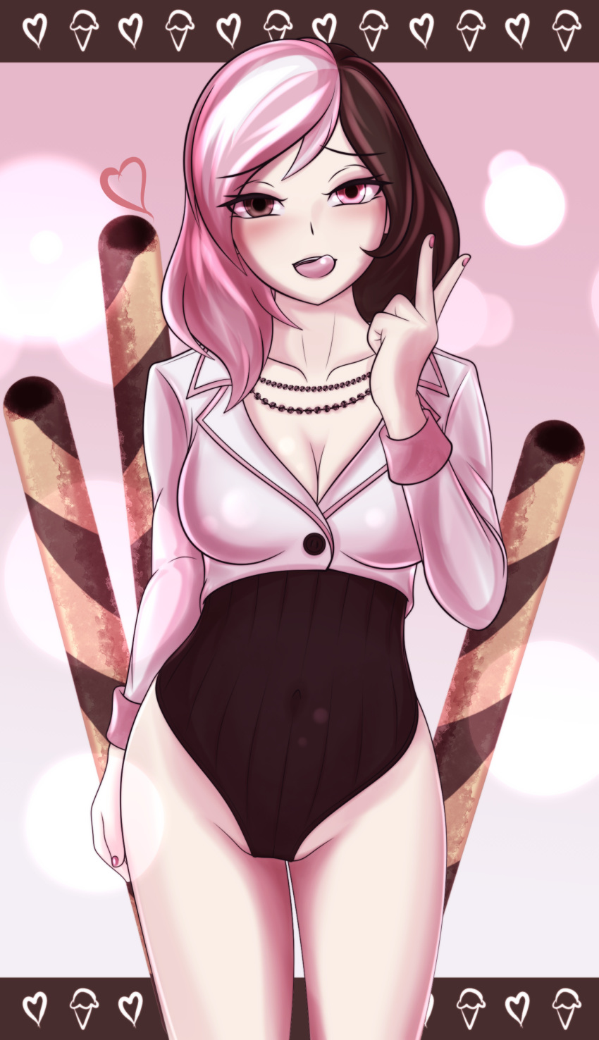 1girl, absurdres, blush, border, breasts, buttons, cafeier, cleavage, collarbone, commentary, covered_navel, cowboy_shot, english_commentary, eyebrows_visible_through_hair, heart, heterochromia, highres, jewelry, leotard, long_sleeves, looking_at_viewer, medium_breasts, multicolored_hair, nail_polish, naughty_face, necklace, neo_(rwby), pink_background, pink_nails, rwby, solo, tongue, tongue_out, v, wafer_stick