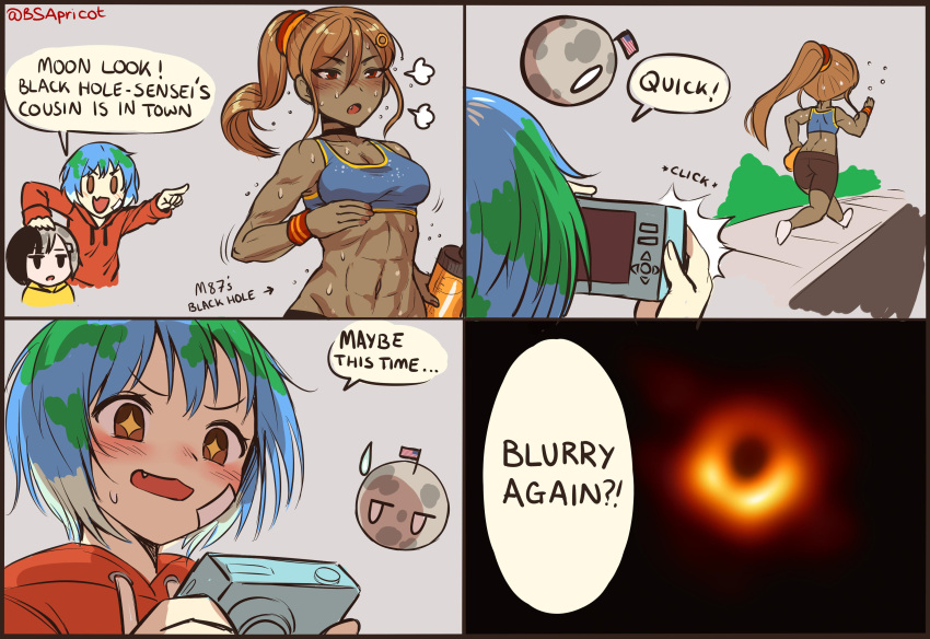 3girls, abs, absurdres, american_flag, artist_name, back, bike_shorts, black_hole_(space)