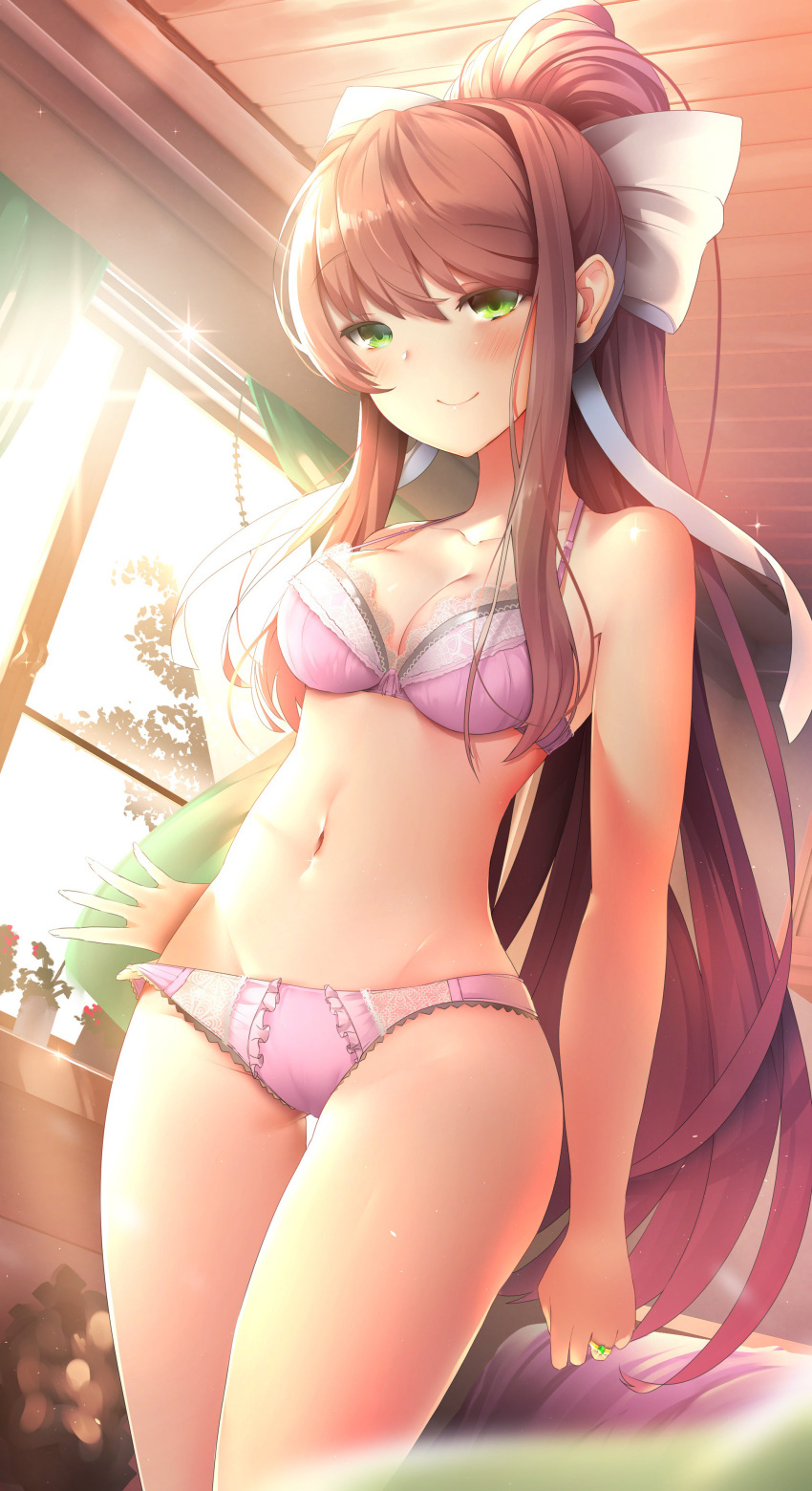 1girl, absurdres, bangs, bare_shoulders, blush, bow, bra, breasts