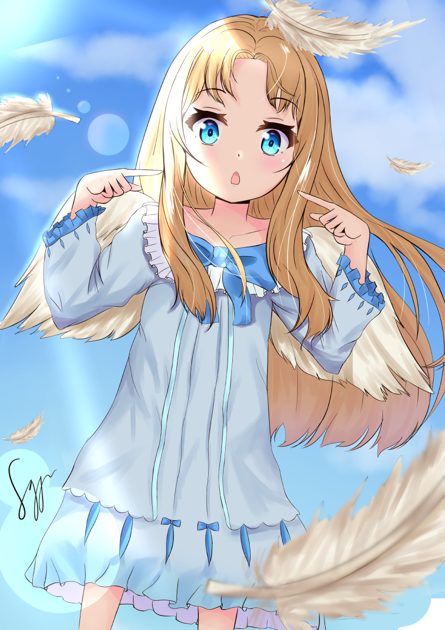 1girl, :o, artist_name, bangs, blonde_hair, blue_bow, blue_dress, blue_eyes