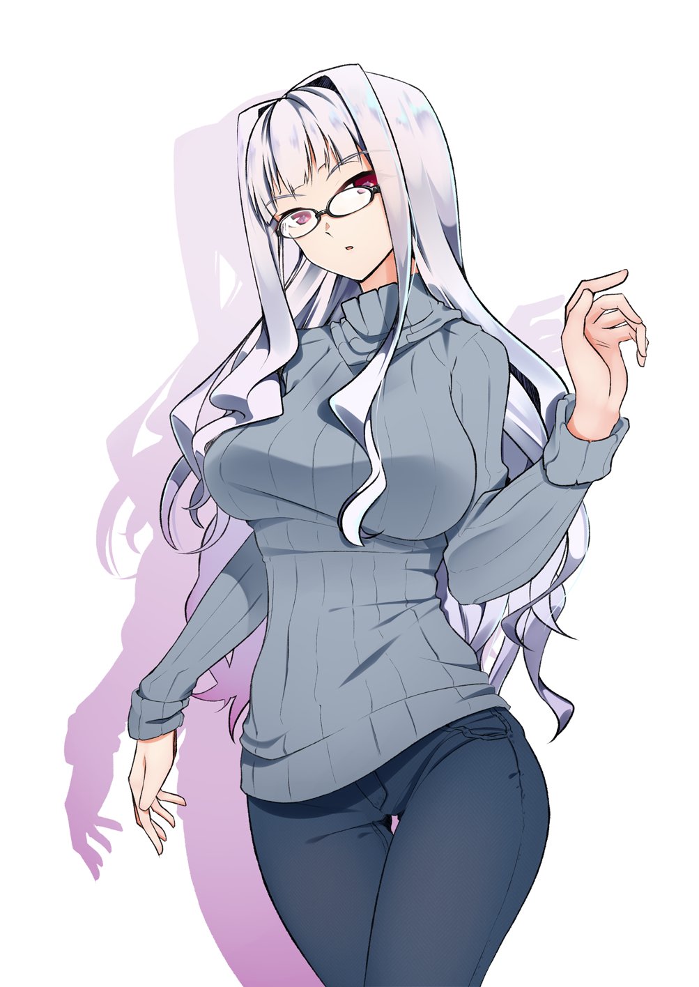 1girl, breasts, glasses, hadaka_megane, highres, idolmaster, idolmaster_(classic), large_breasts, open_mouth, pants, shadow, shijou_takane, silver_hair, solo, sweater, violet_eyes