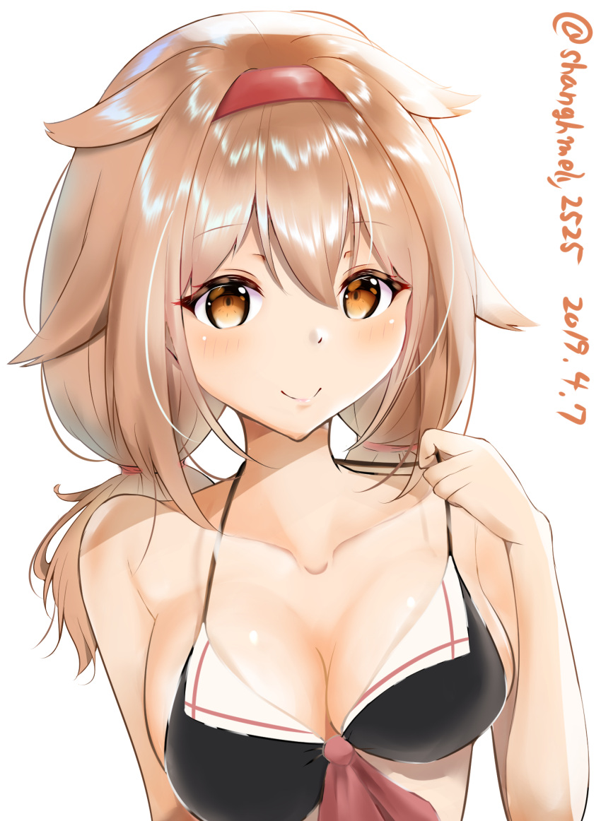 1girl, 2019, adapted_costume, alternate_hairstyle, bangs, bare_shoulders, bikini, black_bikini