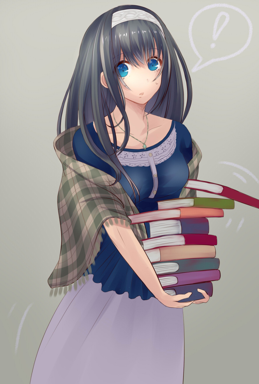 !, 1girl, black_hair, blue_eyes, blue_shirt, collarbone, grey_background, grey_skirt