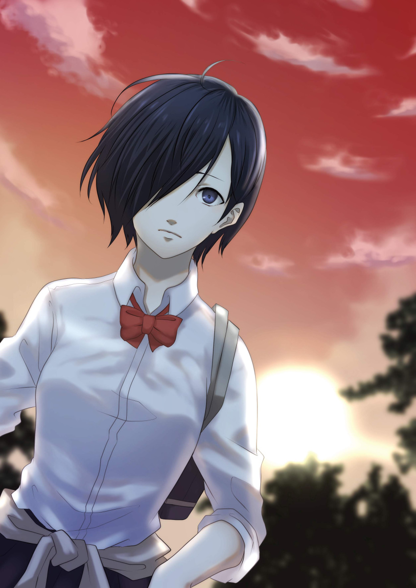 1girl, absurdres, ahoge, black_hair, blue_hair, blurry, blurry_background, bow