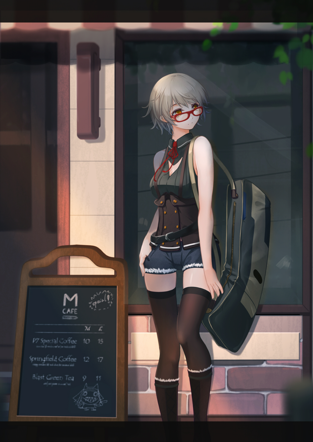 1girl, alternate_costume, bag, belt, cafe, chalkboard_sign, chinese_commentary, cleavage_cutout