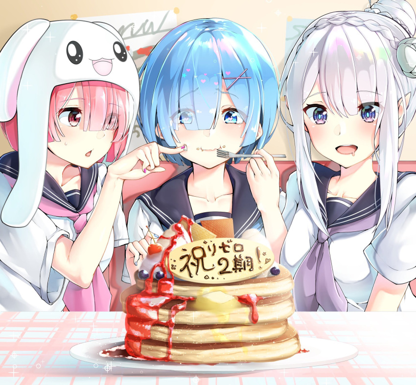 3girls, :d, animal_hat, bangs, black_sailor_collar, blue_eyes, blue_hair, blueberry