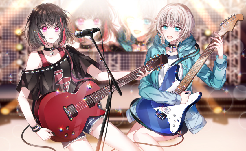 2girls, :d, aoba_moca, aqua_eyes, aqua_jacket, bang_dream!, bass_guitar, black_hair