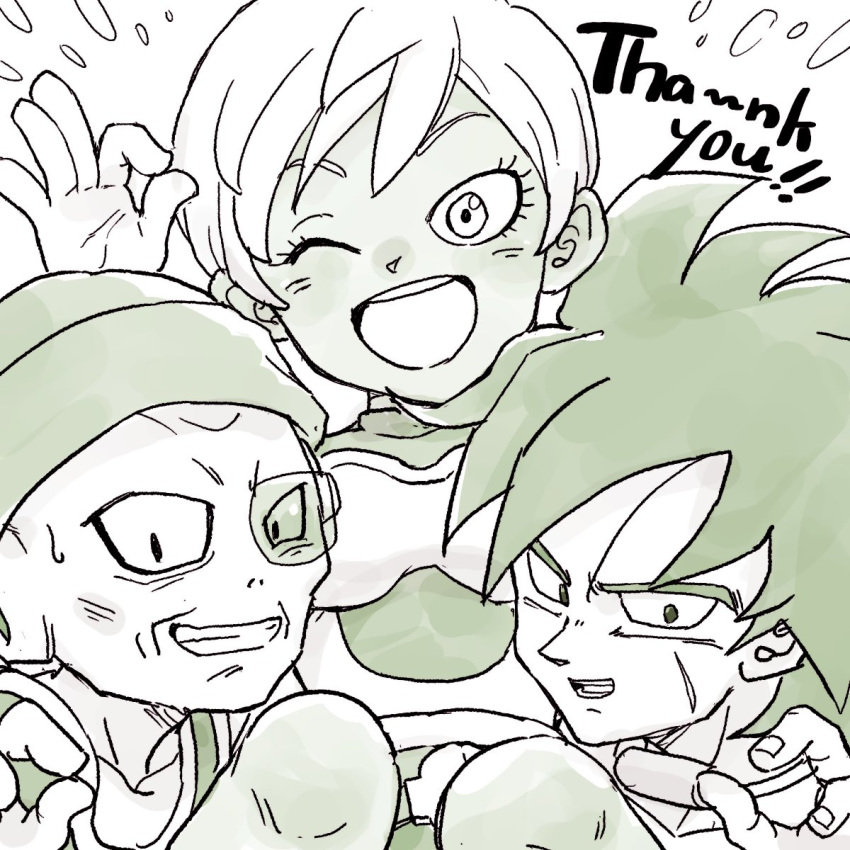 1girl, 2boys, ;d, armor, black_eyes, black_hair, broly_(dragon_ball_super), cheelai