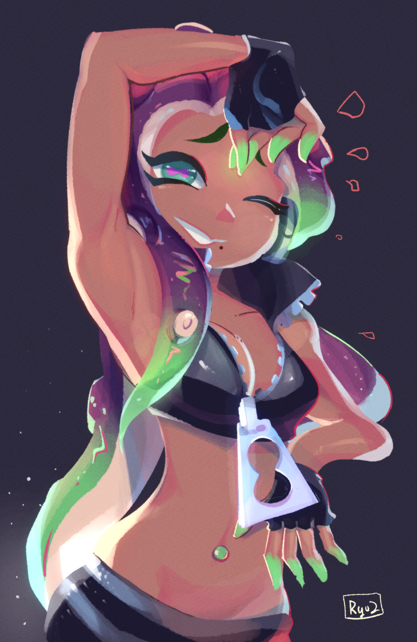1girl, ;), aqua_eyes, arm_up, armpits, black_gloves, breasts, cleavage